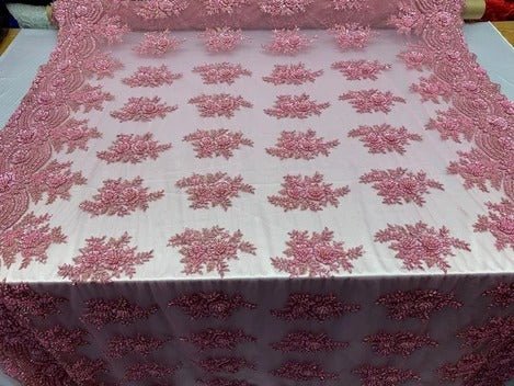 Flowers Floral Hand Beading Embroidery Lace Fabric By The YardICE FABRICSICE FABRICSPinkFlowers Floral Hand Beading Embroidery Lace Fabric By The Yard ICE FABRICS Pink