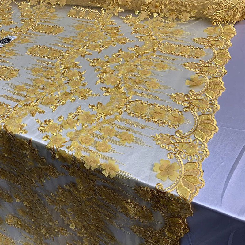 French 3D Flowers/Floral Design Embroidered Mesh Lace Fabric By YardICEFABRICICE FABRICSYellowFrench 3D Flowers/Floral Design Embroidered Mesh Lace Fabric By Yard ICEFABRIC Yellow