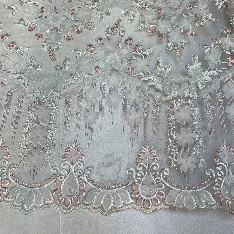 French 3D Flowers/Floral Design Embroidered Mesh Lace Fabric By YardICEFABRICICE FABRICSLavender/PurpleFrench 3D Flowers/Floral Design Embroidered Mesh Lace Fabric By Yard ICEFABRIC Pink/White