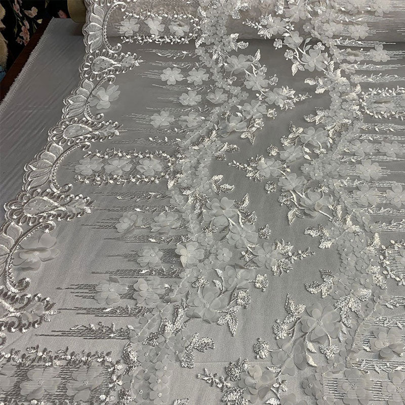 French 3D Flowers/Floral Design Embroidered Mesh Lace Fabric By YardICEFABRICICE FABRICSWhiteFrench 3D Flowers/Floral Design Embroidered Mesh Lace Fabric By Yard ICEFABRIC White