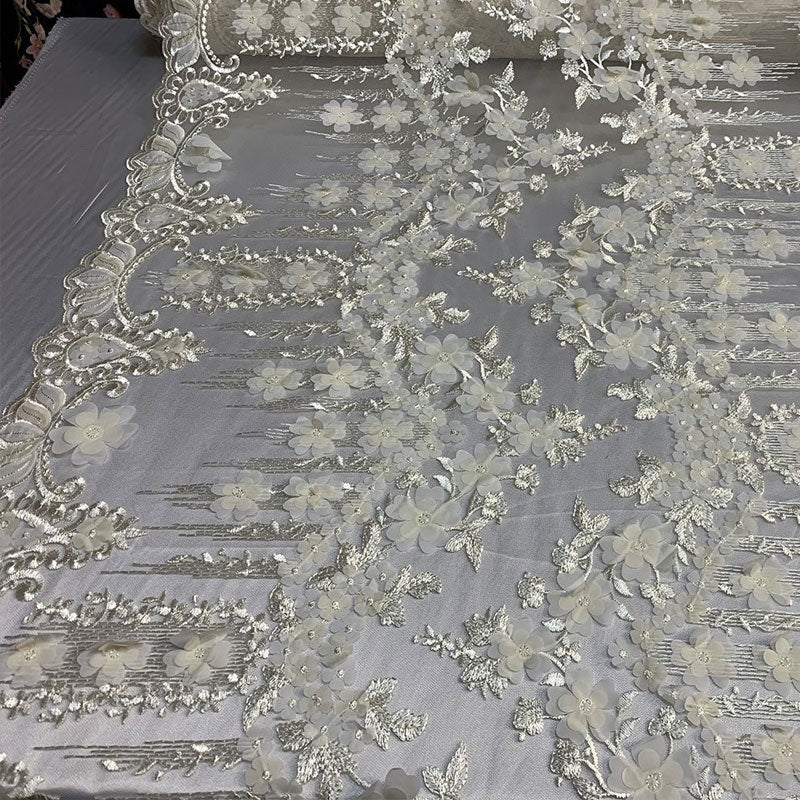 French 3D Flowers/Floral Design Embroidered Mesh Lace Fabric By YardICEFABRICICE FABRICSIvory/WhiteFrench 3D Flowers/Floral Design Embroidered Mesh Lace Fabric By Yard ICEFABRIC Ivory/White