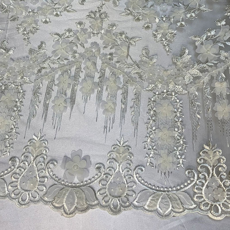 French 3D Flowers/Floral Design Embroidered Mesh Lace Fabric By YardICEFABRICICE FABRICSIvory/WhiteFrench 3D Flowers/Floral Design Embroidered Mesh Lace Fabric By Yard ICEFABRIC Ivory/White