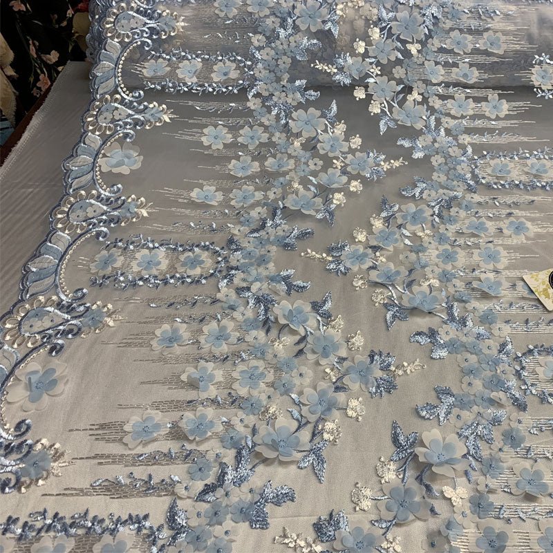 French 3D Flowers/Floral Design Embroidered Mesh Lace Fabric By YardICEFABRICICE FABRICSBlue/WhiteFrench 3D Flowers/Floral Design Embroidered Mesh Lace Fabric By Yard ICEFABRIC Blue/White