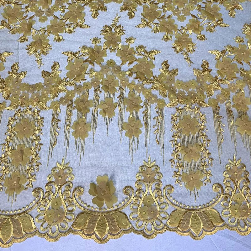 French 3D Flowers/Floral Design Embroidered Mesh Lace Fabric By YardICEFABRICICE FABRICSPink/CoralFrench 3D Flowers/Floral Design Embroidered Mesh Lace Fabric By Yard ICEFABRIC Yellow