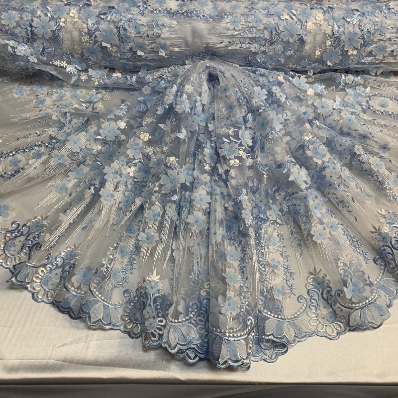 French 3D Flowers/Floral Design Embroidered Mesh Lace Fabric By YardICEFABRICICE FABRICSBlue/WhiteFrench 3D Flowers/Floral Design Embroidered Mesh Lace Fabric By Yard ICEFABRIC Blue/White