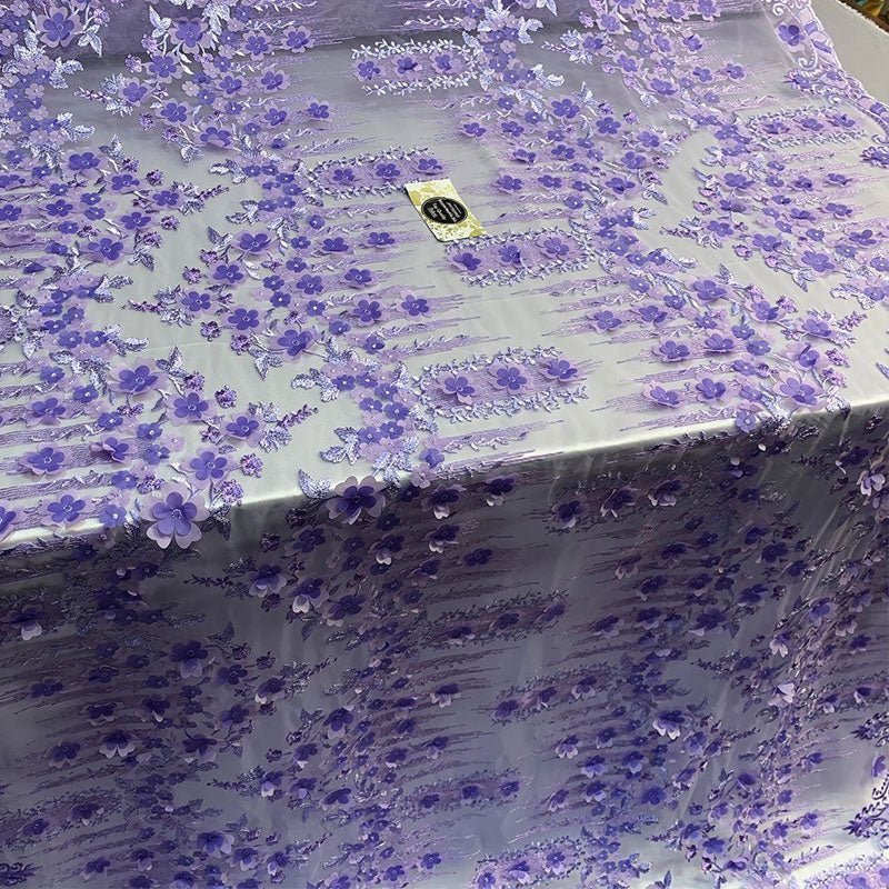 French 3D Flowers/Floral Design Embroidered Mesh Lace Fabric By YardICEFABRICICE FABRICSLavender/PurpleFrench 3D Flowers/Floral Design Embroidered Mesh Lace Fabric By Yard ICEFABRIC Lavender/Purple