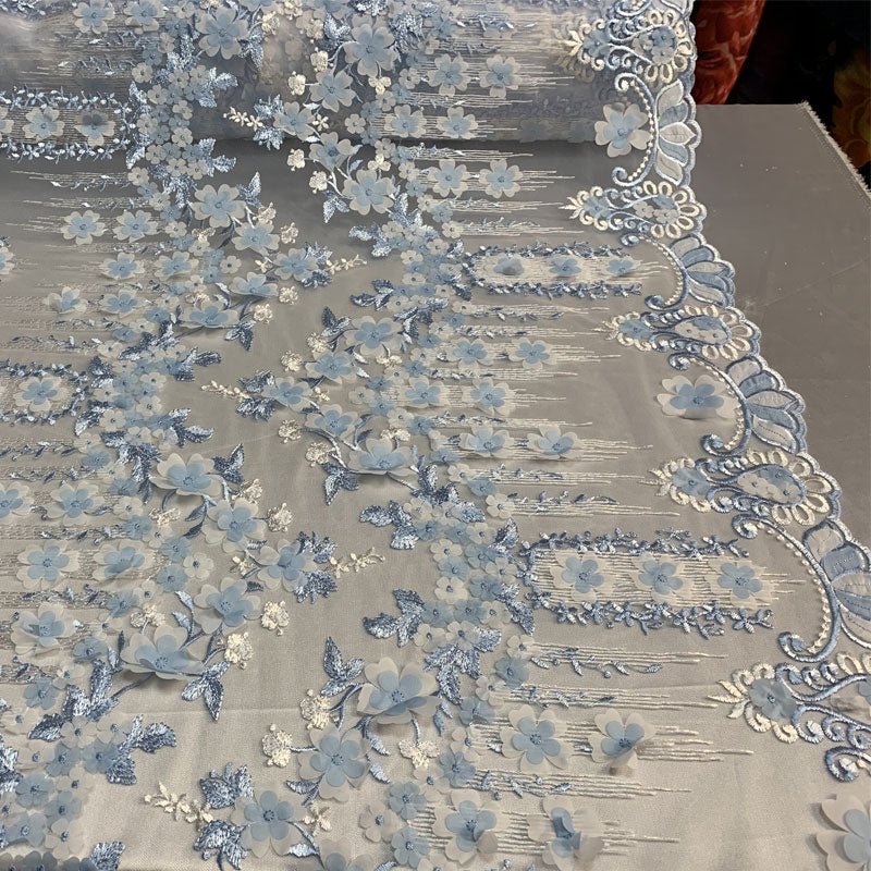 French 3D Flowers/Floral Design Embroidered Mesh Lace Fabric By YardICEFABRICICE FABRICSBlue/WhiteFrench 3D Flowers/Floral Design Embroidered Mesh Lace Fabric By Yard ICEFABRIC Blue/White