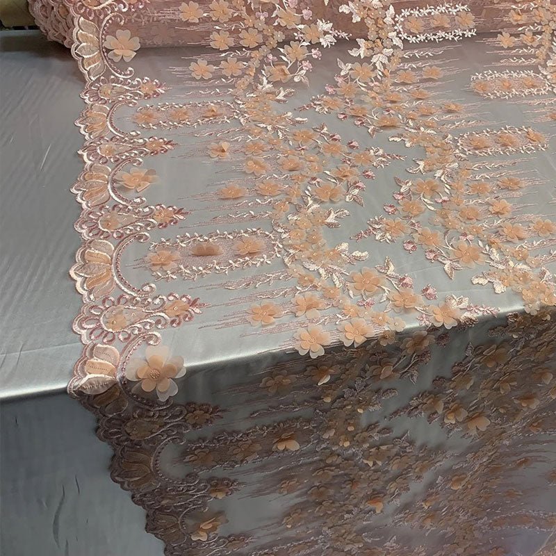French 3D Flowers/Floral Design Embroidered Mesh Lace Fabric By YardICEFABRICICE FABRICSPink/CoralFrench 3D Flowers/Floral Design Embroidered Mesh Lace Fabric By Yard ICEFABRIC Pink/Coral