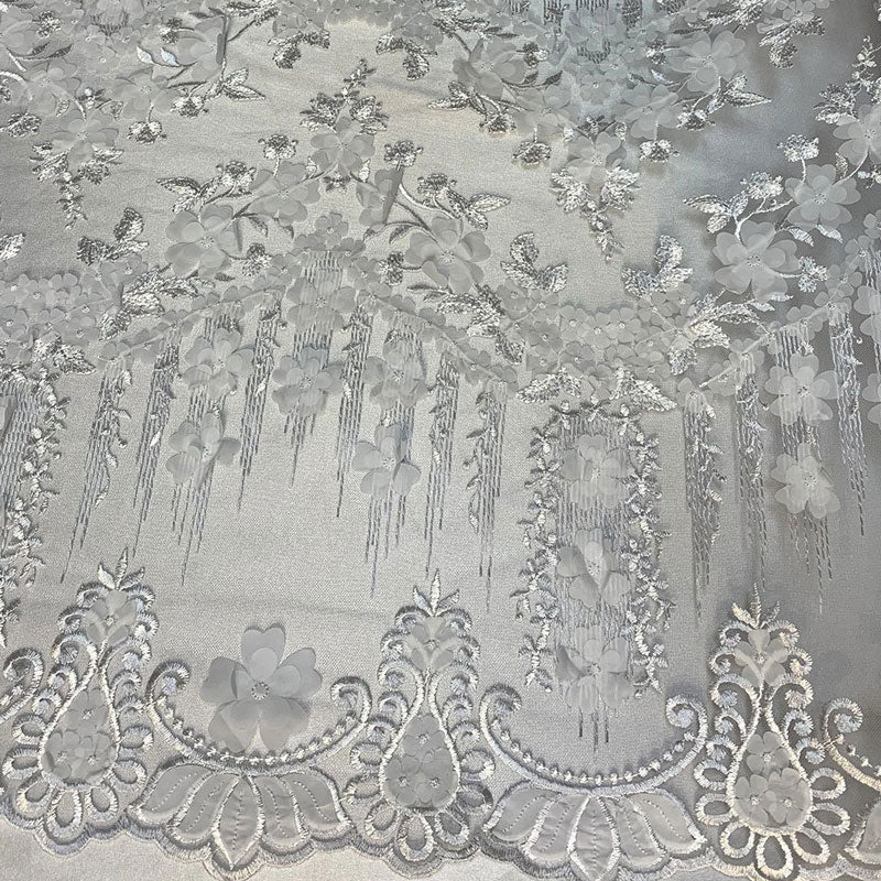 French 3D Flowers/Floral Design Embroidered Mesh Lace Fabric By YardICEFABRICICE FABRICSWhiteFrench 3D Flowers/Floral Design Embroidered Mesh Lace Fabric By Yard ICEFABRIC White