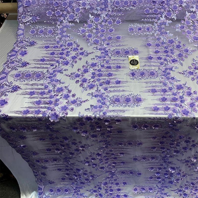 French 3D Flowers/Floral Design Embroidered Mesh Lace Fabric By YardICEFABRICICE FABRICSLavender/PurpleFrench 3D Flowers/Floral Design Embroidered Mesh Lace Fabric By Yard ICEFABRIC Lavender/Purple
