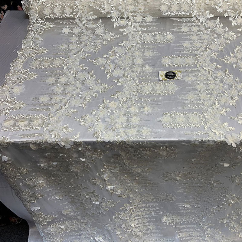 French 3D Flowers/Floral Design Embroidered Mesh Lace Fabric By YardICEFABRICICE FABRICSIvory/WhiteFrench 3D Flowers/Floral Design Embroidered Mesh Lace Fabric By Yard ICEFABRIC Ivory/White