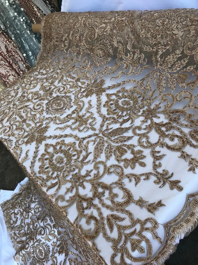 French Beaded Fabric, Lace Fabric Geometric By The YardICE FABRICSICE FABRICSTaupeFrench Beaded Fabric, Lace Fabric Geometric By The Yard ICE FABRICS Taupe