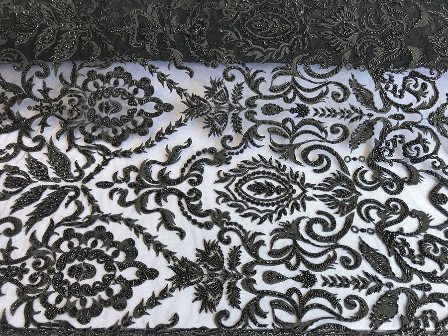 French Beaded Fabric, Lace Fabric Geometric By The YardICE FABRICSICE FABRICSBlackFrench Beaded Fabric, Lace Fabric Geometric By The Yard ICE FABRICS Black