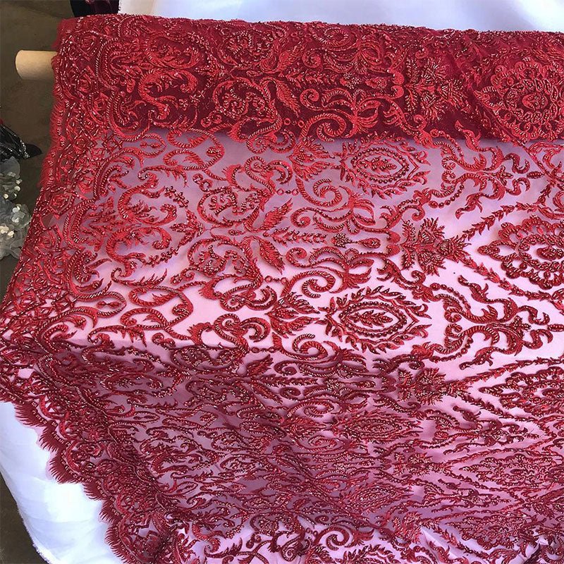 French Beaded Fabric, Lace Fabric Geometric By The YardICE FABRICSICE FABRICSDark RedFrench Beaded Fabric, Lace Fabric Geometric By The Yard ICE FABRICS Dark Red
