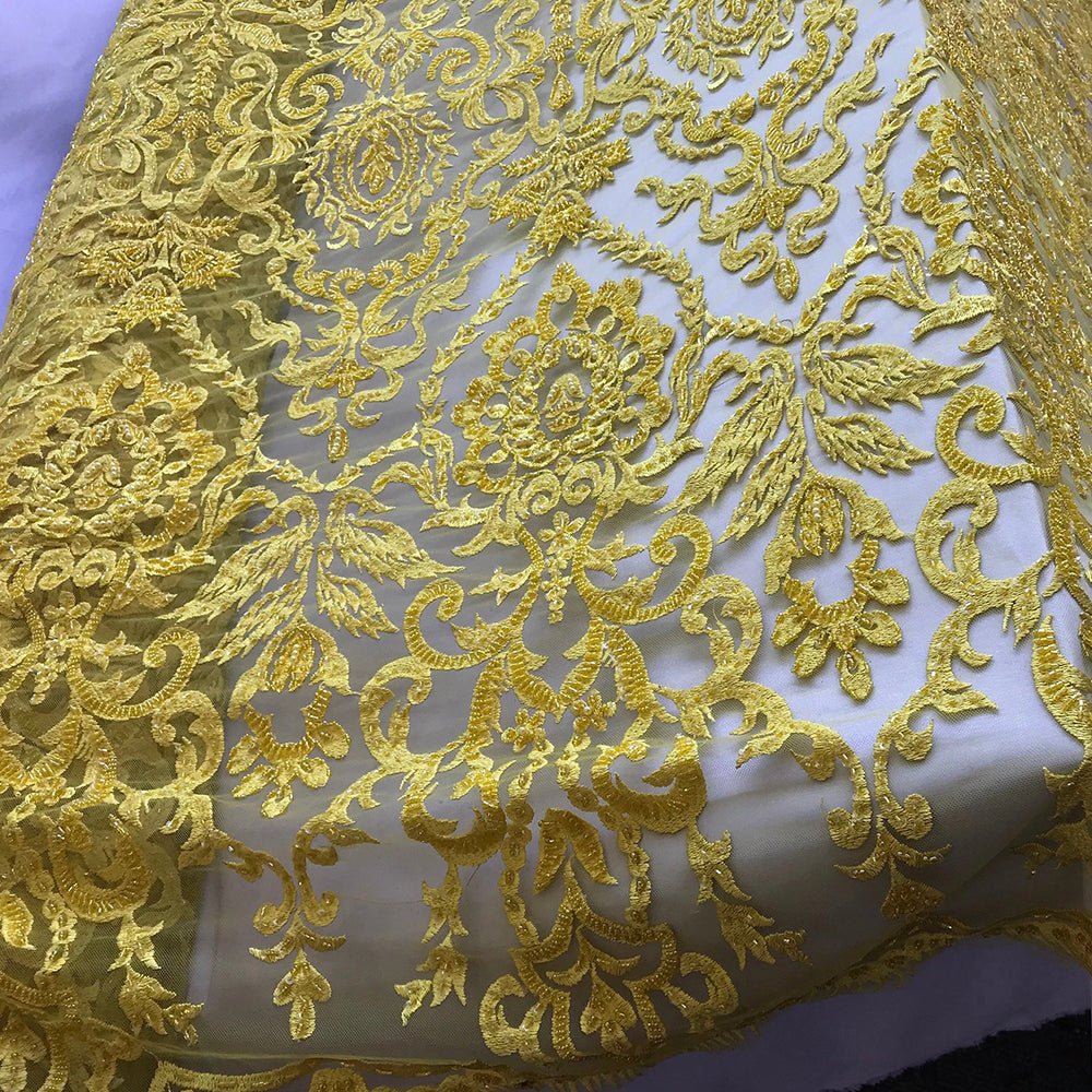 French Beaded Fabric, Lace Fabric Geometric By The YardICE FABRICSICE FABRICSYellowFrench Beaded Fabric, Lace Fabric Geometric By The Yard ICE FABRICS Yellow