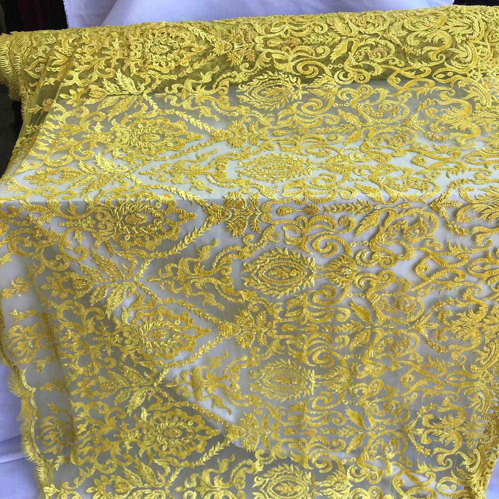 French Beaded Fabric, Lace Fabric Geometric By The YardICE FABRICSICE FABRICSYellowFrench Beaded Fabric, Lace Fabric Geometric By The Yard ICE FABRICS Yellow