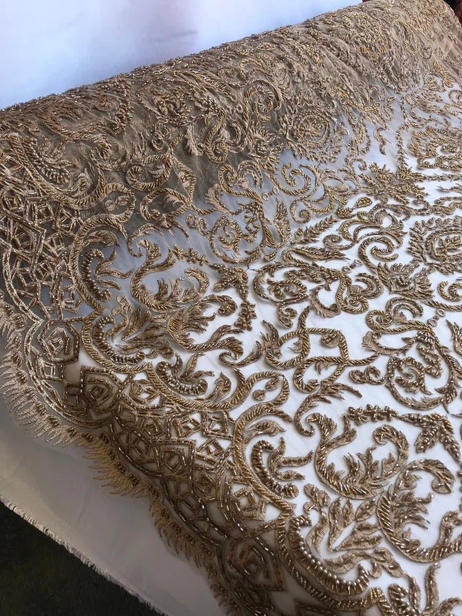 French Beaded Fabric, Lace Fabric Geometric By The YardICE FABRICSICE FABRICSTaupeFrench Beaded Fabric, Lace Fabric Geometric By The Yard ICE FABRICS Taupe