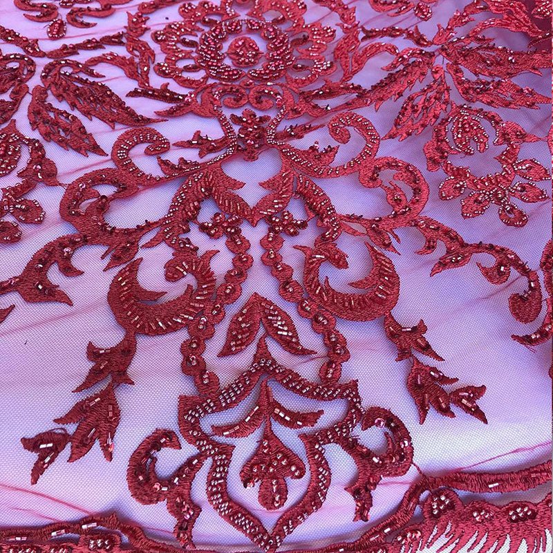 French Beaded Fabric, Lace Fabric Geometric By The YardICE FABRICSICE FABRICSDark RedFrench Beaded Fabric, Lace Fabric Geometric By The Yard ICE FABRICS Dark Red