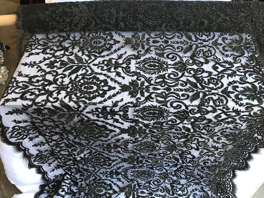 French Beaded Fabric, Lace Fabric Geometric By The YardICE FABRICSICE FABRICSBlackFrench Beaded Fabric, Lace Fabric Geometric By The Yard ICE FABRICS Black