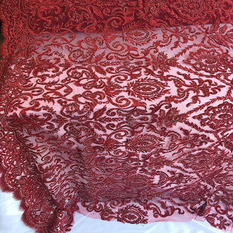 French Beaded Fabric, Lace Fabric Geometric By The YardICE FABRICSICE FABRICSDark RedFrench Beaded Fabric, Lace Fabric Geometric By The Yard ICE FABRICS Dark Red