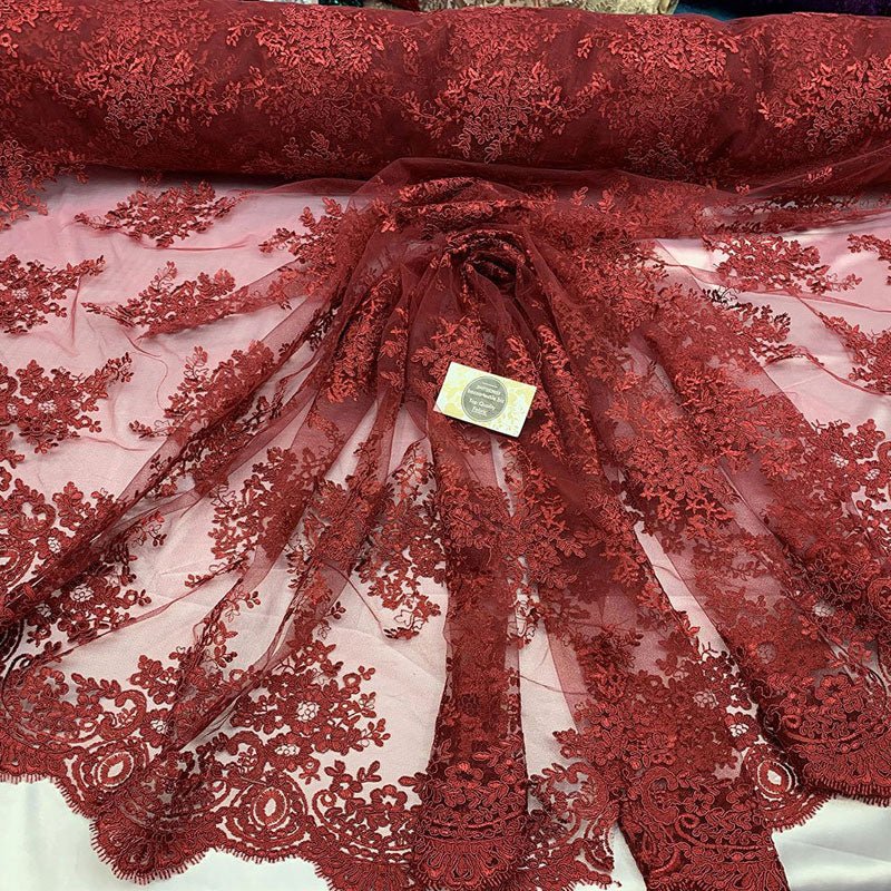 French Design Floral Mesh Lace Embroidery FabricICEFABRICICE FABRICSBurgundyFrench Design Floral Mesh Lace Embroidery Fabric ICEFABRIC Burgundy