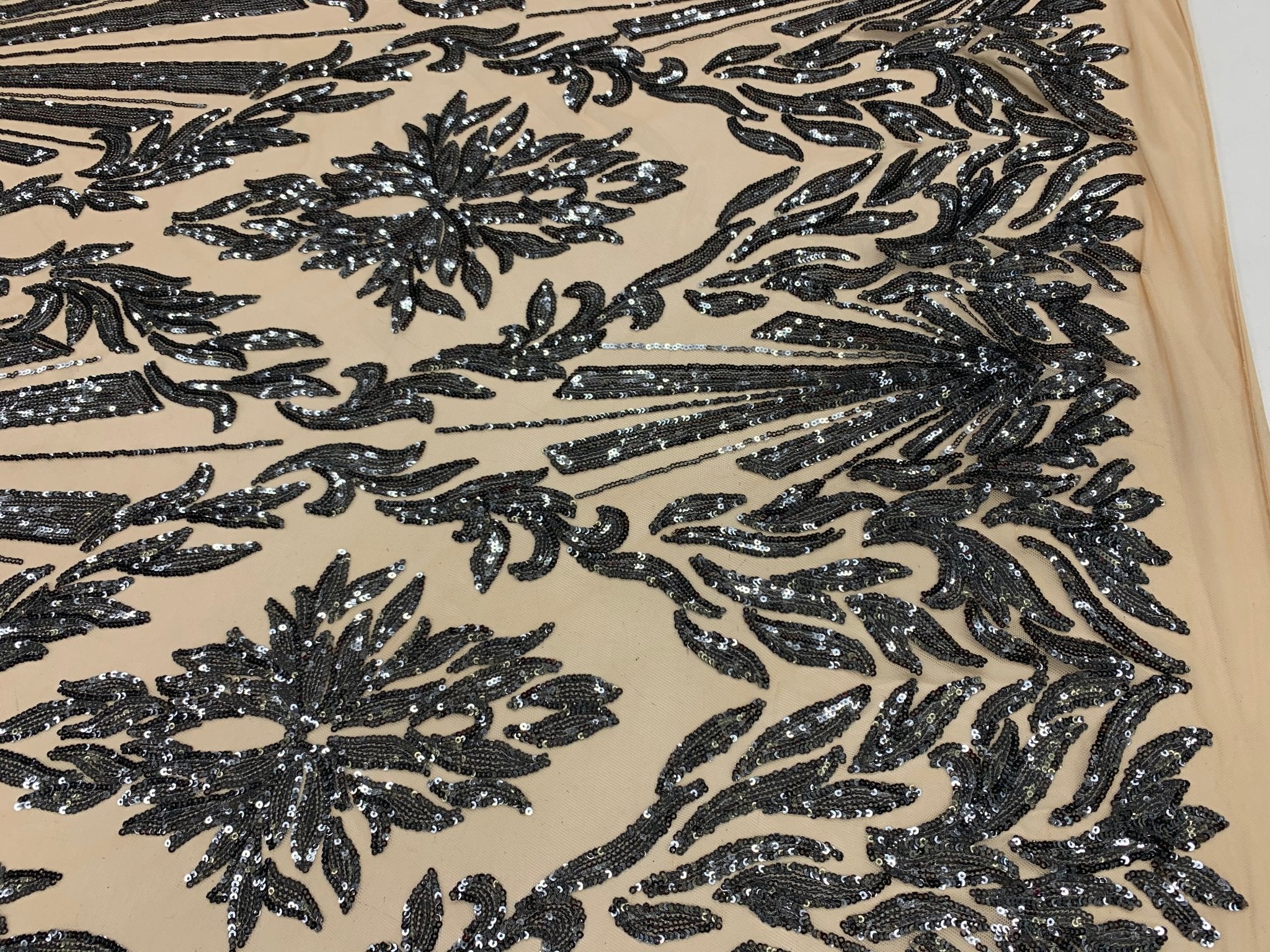 French Embroidery Stretch Sequins Fabric By The Yard on a Mesh LaceICEFABRICICE FABRICSGrayFrench Embroidery Stretch Sequins Fabric By The Yard on a Mesh Lace ICEFABRIC Black on Nude Mesh