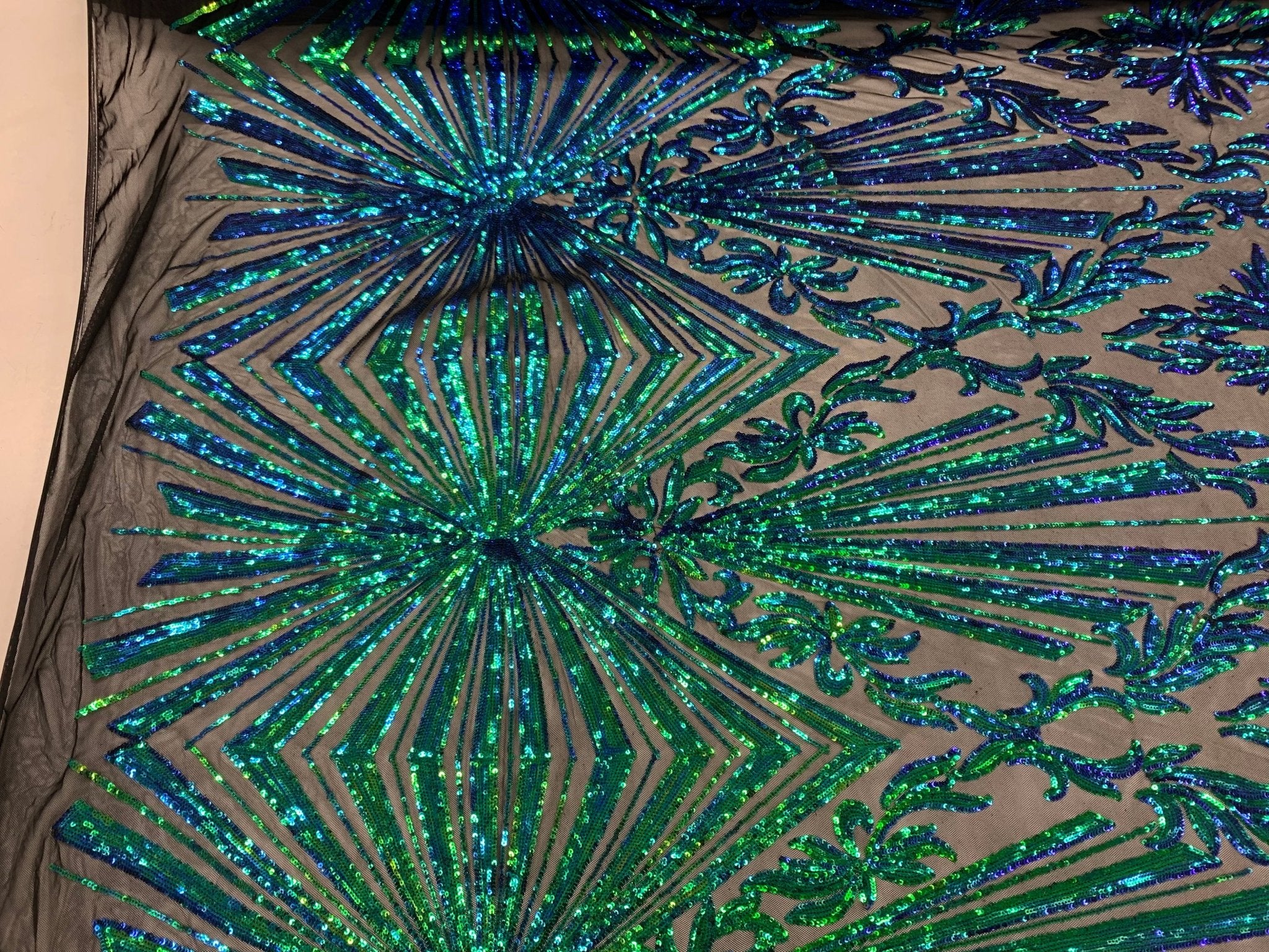 French Embroidery Stretch Sequins Fabric By The Yard on a Mesh LaceICEFABRICICE FABRICSIridescent GreenFrench Embroidery Stretch Sequins Fabric By The Yard on a Mesh Lace ICEFABRIC Iridescent Green