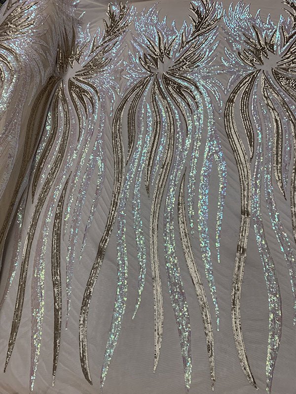 French Feather Embroidered Spandex 4 Way Stretch Sequin Mesh Lace FabricICEFABRICICE FABRICSIridescent/ChampagneFrench Feather Embroidered Spandex 4 Way Stretch Sequin Mesh Lace Fabric ICEFABRIC Pink/Gold