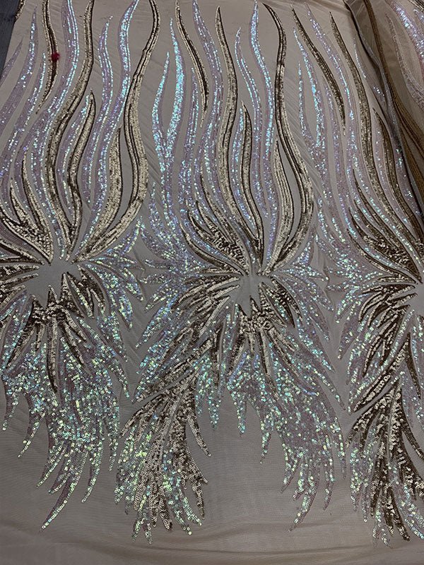 French Feather Embroidered Spandex 4 Way Stretch Sequin Mesh Lace FabricICEFABRICICE FABRICSIridescent/ChampagneFrench Feather Embroidered Spandex 4 Way Stretch Sequin Mesh Lace Fabric ICEFABRIC Pink/Gold