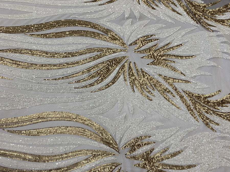 French Feather Embroidered Spandex 4 Way Stretch Sequin Mesh Lace FabricICEFABRICICE FABRICSGoldFrench Feather Embroidered Spandex 4 Way Stretch Sequin Mesh Lace Fabric ICEFABRIC White/Gold