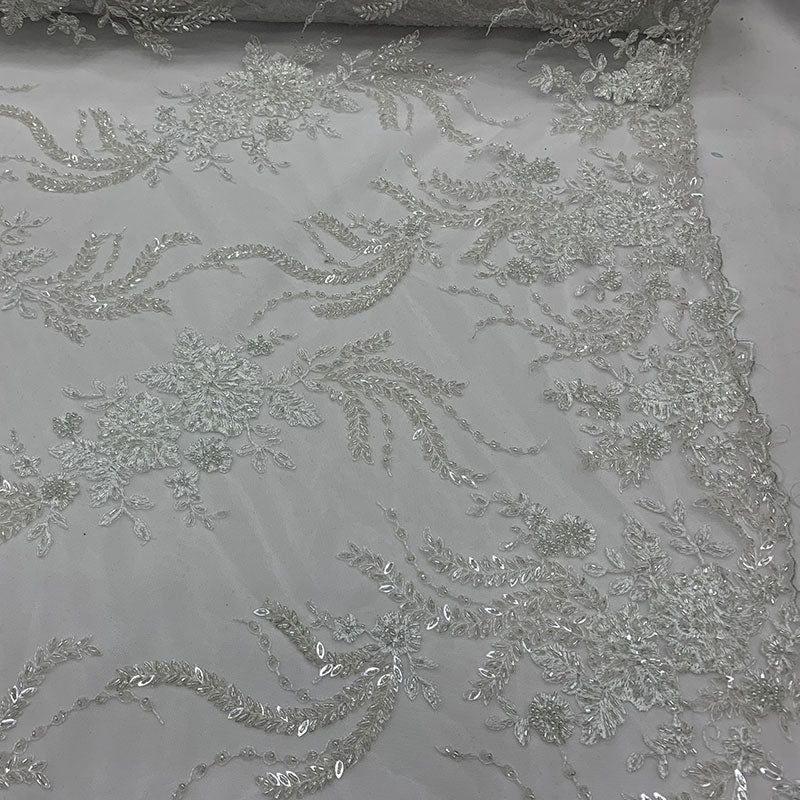 FRENCH FLOWERS BEADED MESH LACE FABRIC BY THE YARDICEFABRICICE FABRICSMintFRENCH FLOWERS BEADED MESH LACE FABRIC BY THE YARD ICEFABRIC Off White