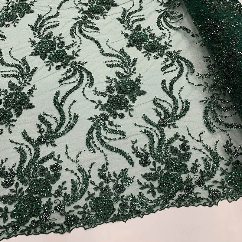 FRENCH FLOWERS BEADED MESH LACE FABRIC BY THE YARDICEFABRICICE FABRICSHunter GreenFRENCH FLOWERS BEADED MESH LACE FABRIC BY THE YARD ICEFABRIC Hunter Green