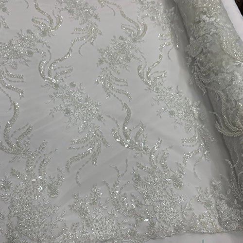 FRENCH FLOWERS BEADED MESH LACE FABRIC BY THE YARDICEFABRICICE FABRICSMintFRENCH FLOWERS BEADED MESH LACE FABRIC BY THE YARD ICEFABRIC Off White