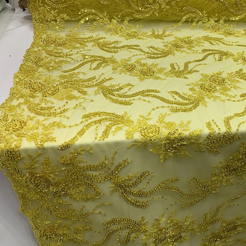 FRENCH FLOWERS BEADED MESH LACE FABRIC BY THE YARDICEFABRICICE FABRICSYellowFRENCH FLOWERS BEADED MESH LACE FABRIC BY THE YARD ICEFABRIC Yellow