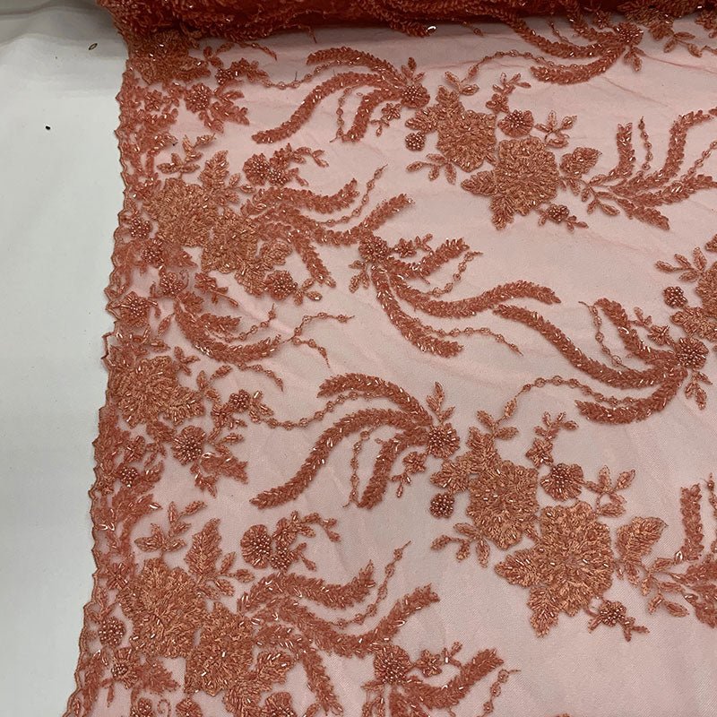 FRENCH FLOWERS BEADED MESH LACE FABRIC BY THE YARDICEFABRICICE FABRICSCoralFRENCH FLOWERS BEADED MESH LACE FABRIC BY THE YARD ICEFABRIC Coral