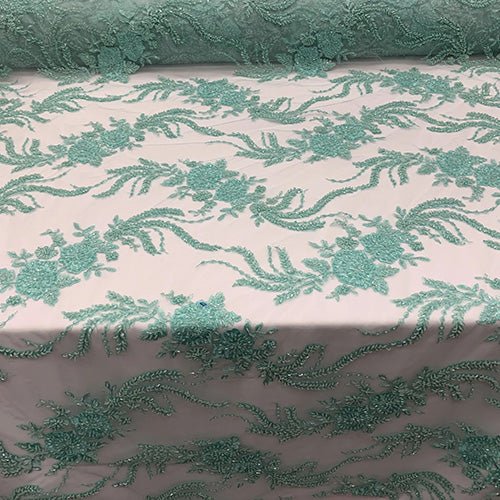 FRENCH FLOWERS BEADED MESH LACE FABRIC BY THE YARDICEFABRICICE FABRICSHunter GreenFRENCH FLOWERS BEADED MESH LACE FABRIC BY THE YARD ICEFABRIC Mint
