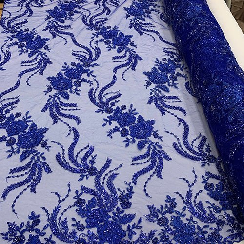 FRENCH FLOWERS BEADED MESH LACE FABRIC BY THE YARDICEFABRICICE FABRICSRoyal BlueFRENCH FLOWERS BEADED MESH LACE FABRIC BY THE YARD ICEFABRIC Royal Blue