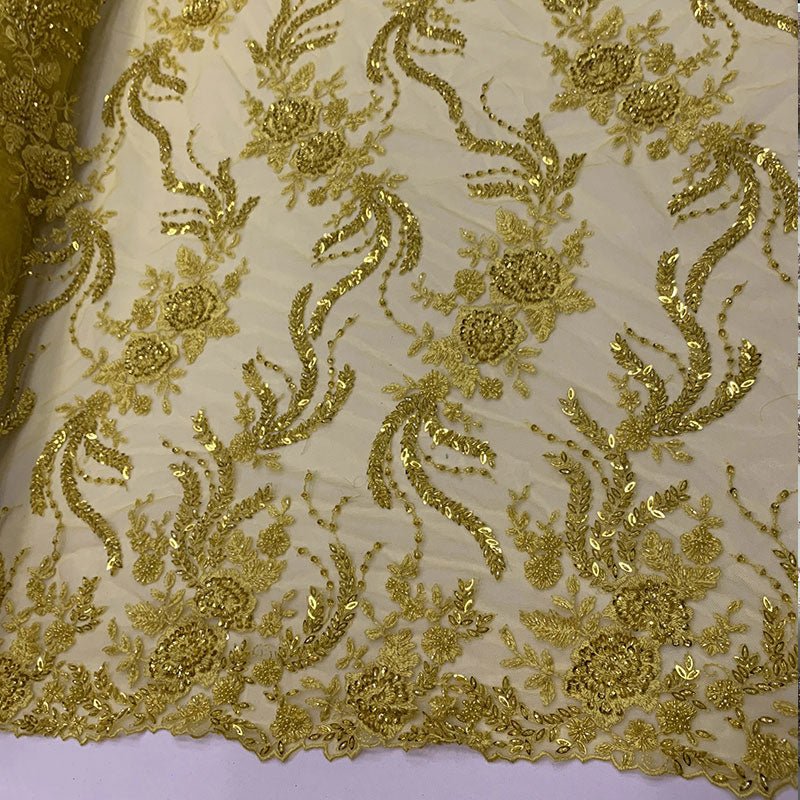 FRENCH FLOWERS BEADED MESH LACE FABRIC BY THE YARDICEFABRICICE FABRICSYellowFRENCH FLOWERS BEADED MESH LACE FABRIC BY THE YARD ICEFABRIC Yellow