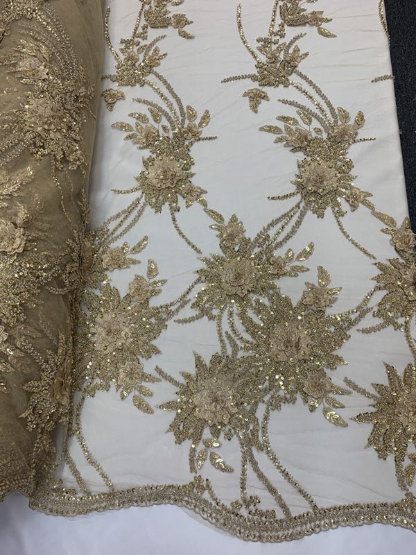 French Gold Modern 3D Flowers Beaded Mesh Lace Fabric By the YardICEFABRICICE FABRICSFrench Gold Modern 3D Flowers Beaded Mesh Lace Fabric By the Yard ICEFABRIC