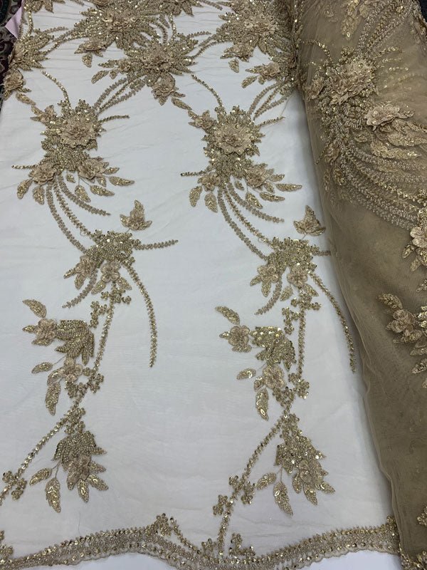 French Gold Modern 3D Flowers Beaded Mesh Lace Fabric By the YardICEFABRICICE FABRICSFrench Gold Modern 3D Flowers Beaded Mesh Lace Fabric By the Yard ICEFABRIC