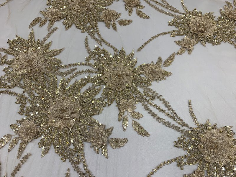 French Gold Modern 3D Flowers Beaded Mesh Lace Fabric By the YardICEFABRICICE FABRICSFrench Gold Modern 3D Flowers Beaded Mesh Lace Fabric By the Yard ICEFABRIC