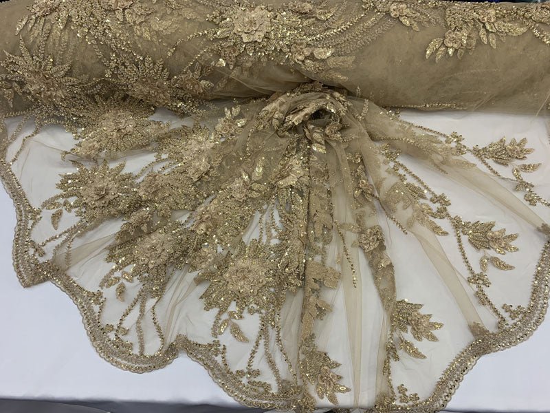 French Gold Modern 3D Flowers Beaded Mesh Lace Fabric By the YardICEFABRICICE FABRICSFrench Gold Modern 3D Flowers Beaded Mesh Lace Fabric By the Yard ICEFABRIC