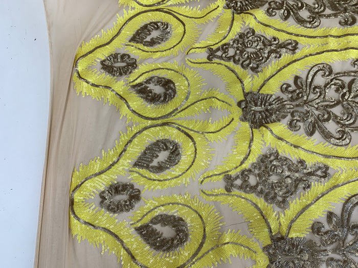 French Luxury 4 Way Stretch Sequins Spandex Power Mesh Lace FabricICEFABRICICE FABRICSYellowFrench Luxury 4 Way Stretch Sequins Spandex Power Mesh Lace Fabric ICEFABRIC Yellow