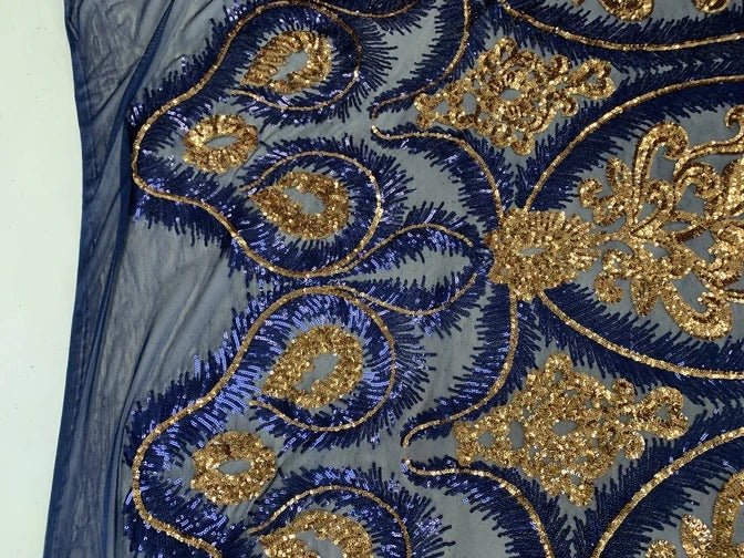 French Luxury 4 Way Stretch Sequins Spandex Power Mesh Lace FabricICEFABRICICE FABRICSYellowFrench Luxury 4 Way Stretch Sequins Spandex Power Mesh Lace Fabric ICEFABRIC Navy Blue