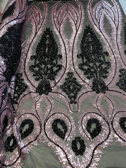 French Luxury 4 Way Stretch Sequins Spandex Power Mesh Lace FabricICEFABRICICE FABRICSPink/BlackFrench Luxury 4 Way Stretch Sequins Spandex Power Mesh Lace Fabric ICEFABRIC Pink/Black