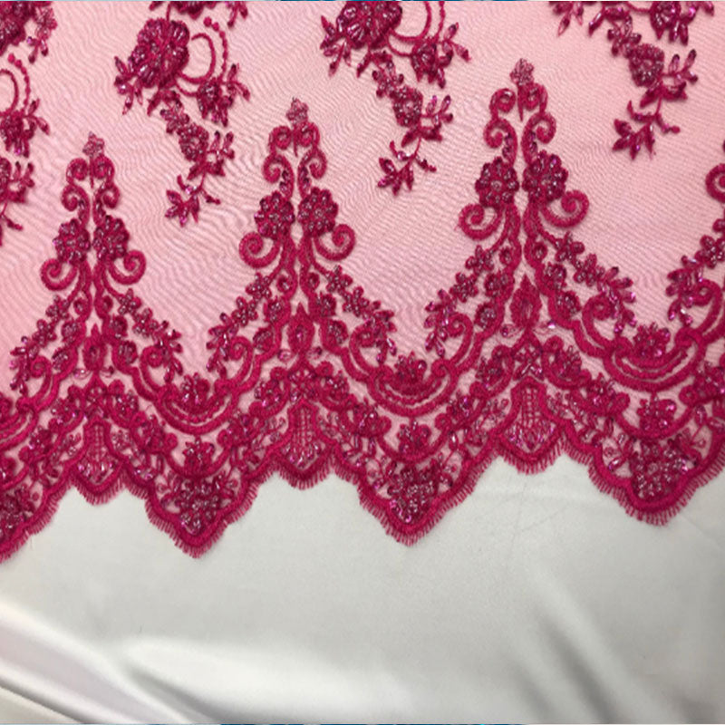 Floral Embroidered Bridal Wedding Beaded Mesh Lace FabricICEFABRICICE FABRICSTurquoiseFloral Embroidered Bridal Wedding Beaded Mesh Lace Fabric ICEFABRIC Fuchsia