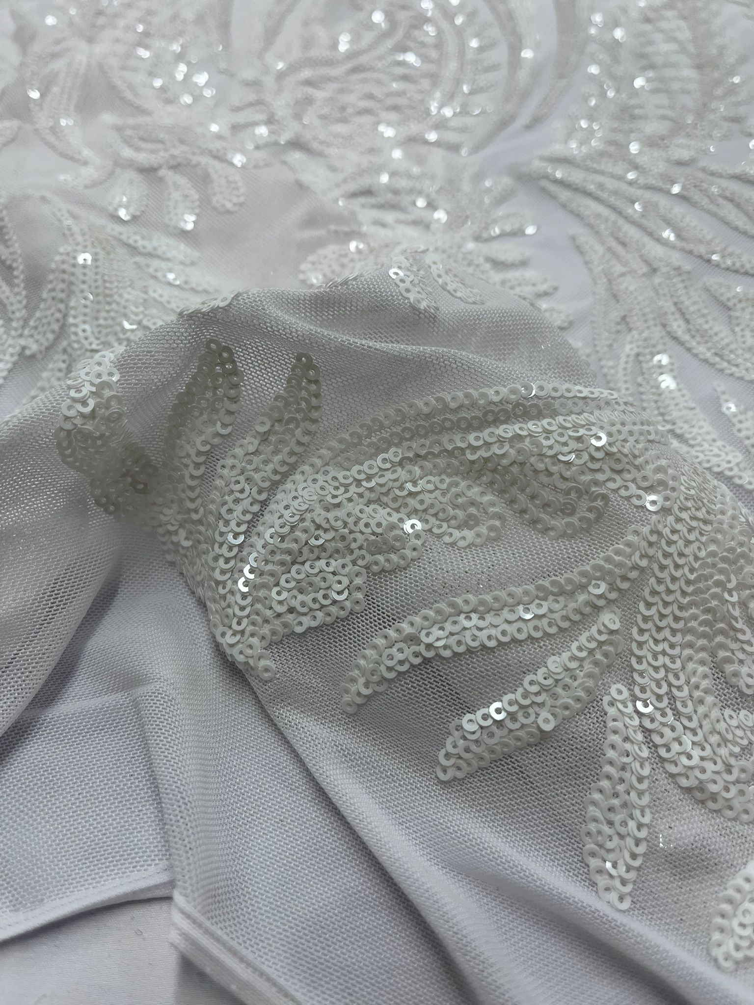 Geometric 4 Way Stretch Sequin Fabric | White | Embroidered FabricICE FABRICSICE FABRICSSample (Swatch)Geometric 4 Way Stretch Sequin Fabric | White | Embroidered Fabric ICE FABRICS