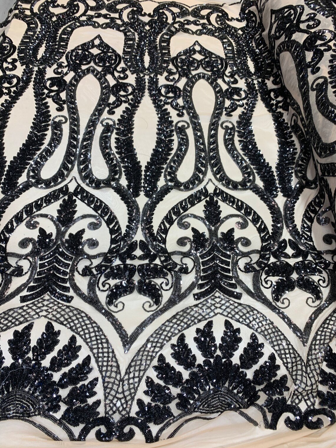 Geometric Black 4 Way Stretch Sequins Mesh Lace Fabric
