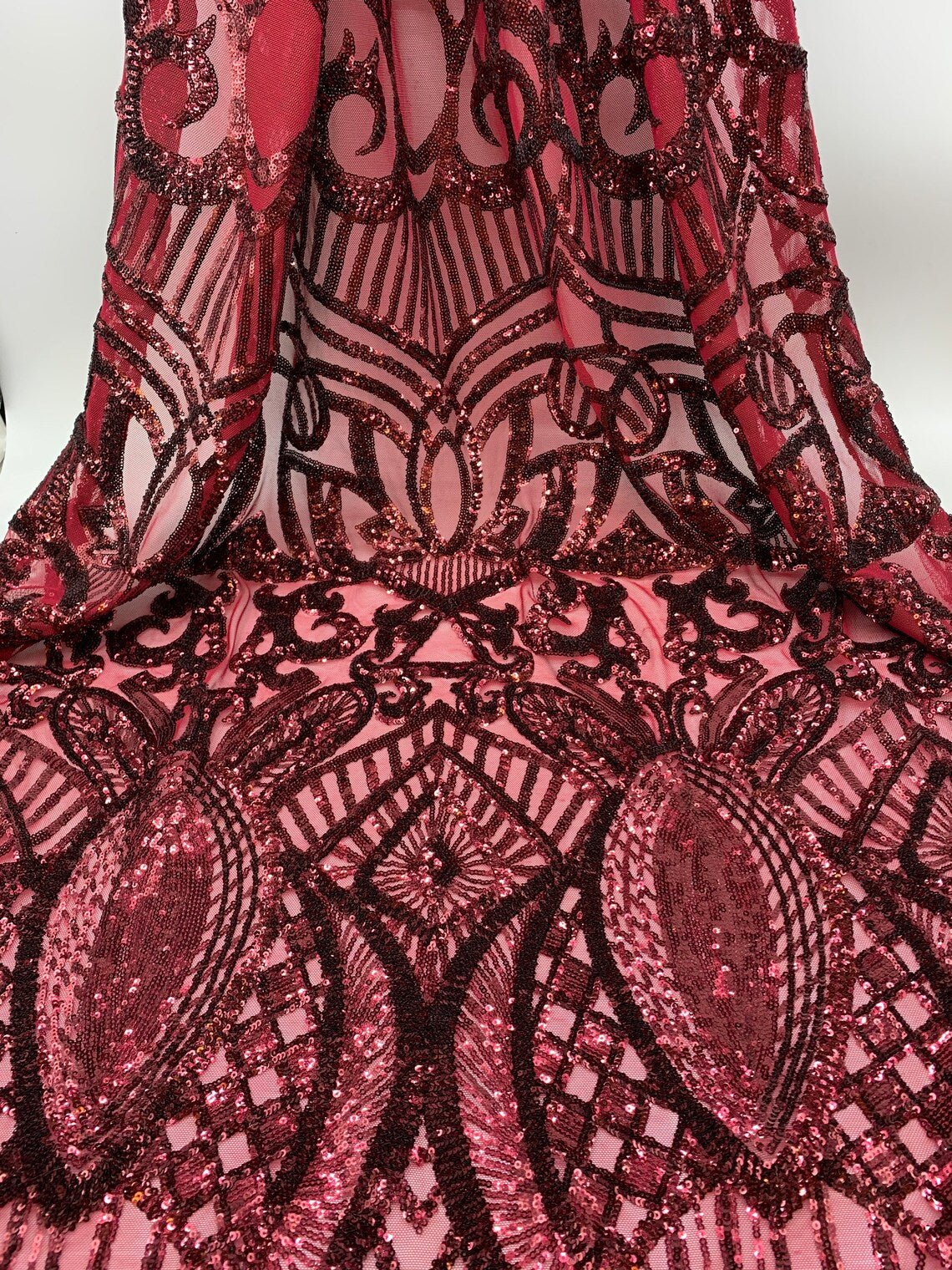 Geometric Burgundy 4 Way Stretch Sequins Fabric _Burgundy Mesh FabricICE FABRICSICE FABRICSBy The YardGeometric Burgundy 4 Way Stretch Sequins Fabric _Burgundy Mesh Fabric ICE FABRICS