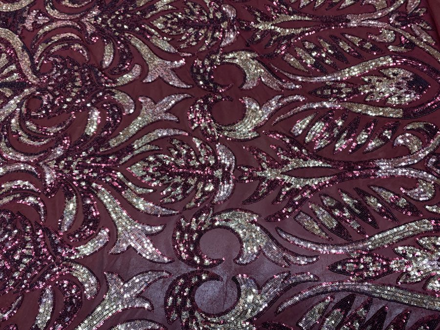 Geometric Design 4 Way Stretch Spandex Sequin Mesh Lace FabricICEFABRICICE FABRICSBurgundy and Gold On Burgundy Mesh36 Inches (One Yard)Geometric Design 4 Way Stretch Spandex Sequin Mesh Lace Fabric ICEFABRIC Burgundy and Gold On Burgundy Mesh